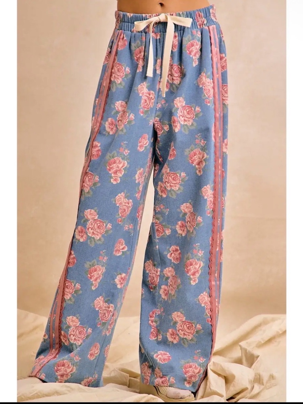 Denim rose floral lace jeans boho wide leg western contrast bohemian pant - Picture 2 of 3